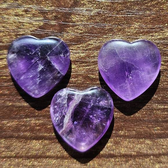 Amethyst 3 Pc Crystal Heart Carvings Gemstones Purple - Picture 8 of 11